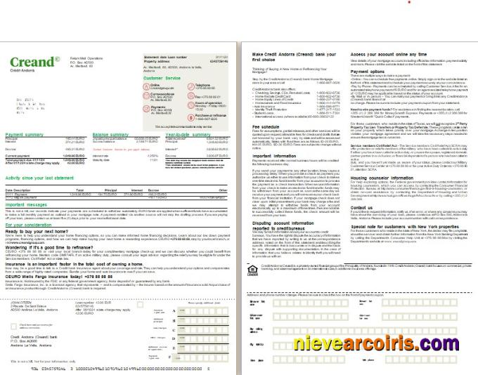 Andorra Creand Credit Andorra bank mortgage statement